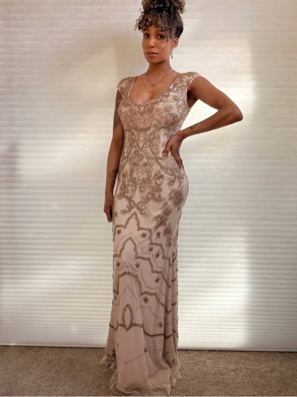 Theia Ochre Gold Beaded Cap Sleeve V-Neck Full Length Gown